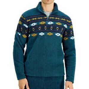 Sun + Stone Sherpa Aztec Fleece Pullover Mens S Green Faux Fur 1/4 Zip Southwest